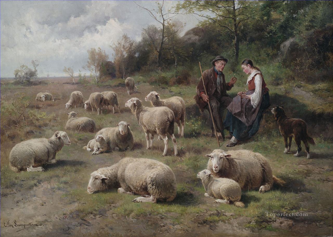 Cornelis van Leemputten Schaferpaar avec des moutons Herde Peintures à l'huile